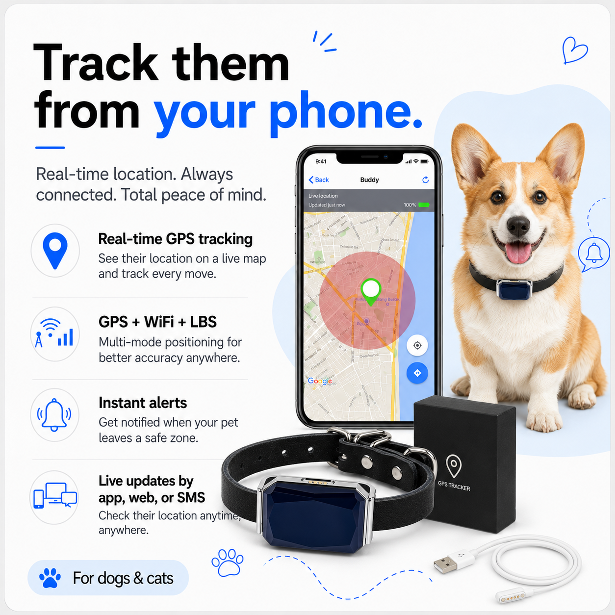 GPS Pet Tracker Collar for Lost Pet Location Tracking