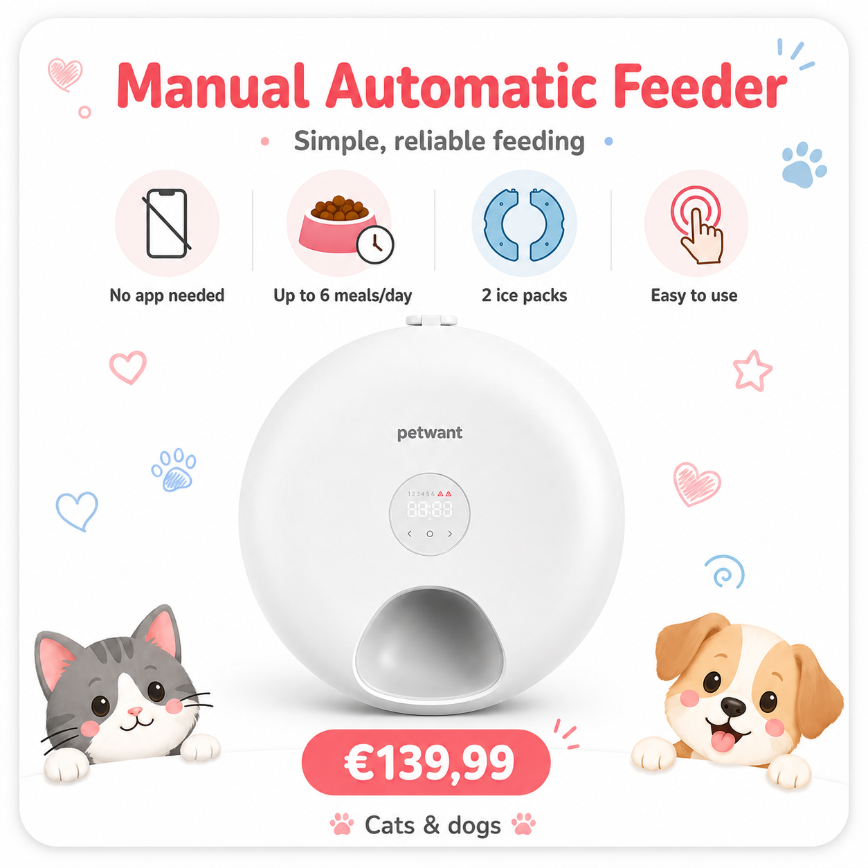 Smart WiFi 6-Meal Automatic Cat & Dog Feeder with App Control and Ice Packs